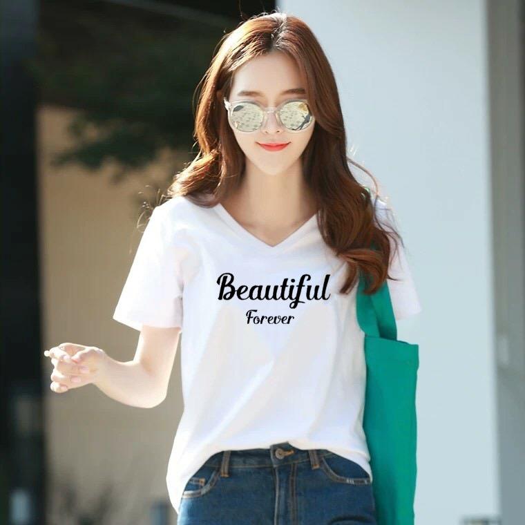 Áo thun nữ cổ tim form rộng MXM in chữ Beautiful thun cotton 4 chiều từ 45-60kg