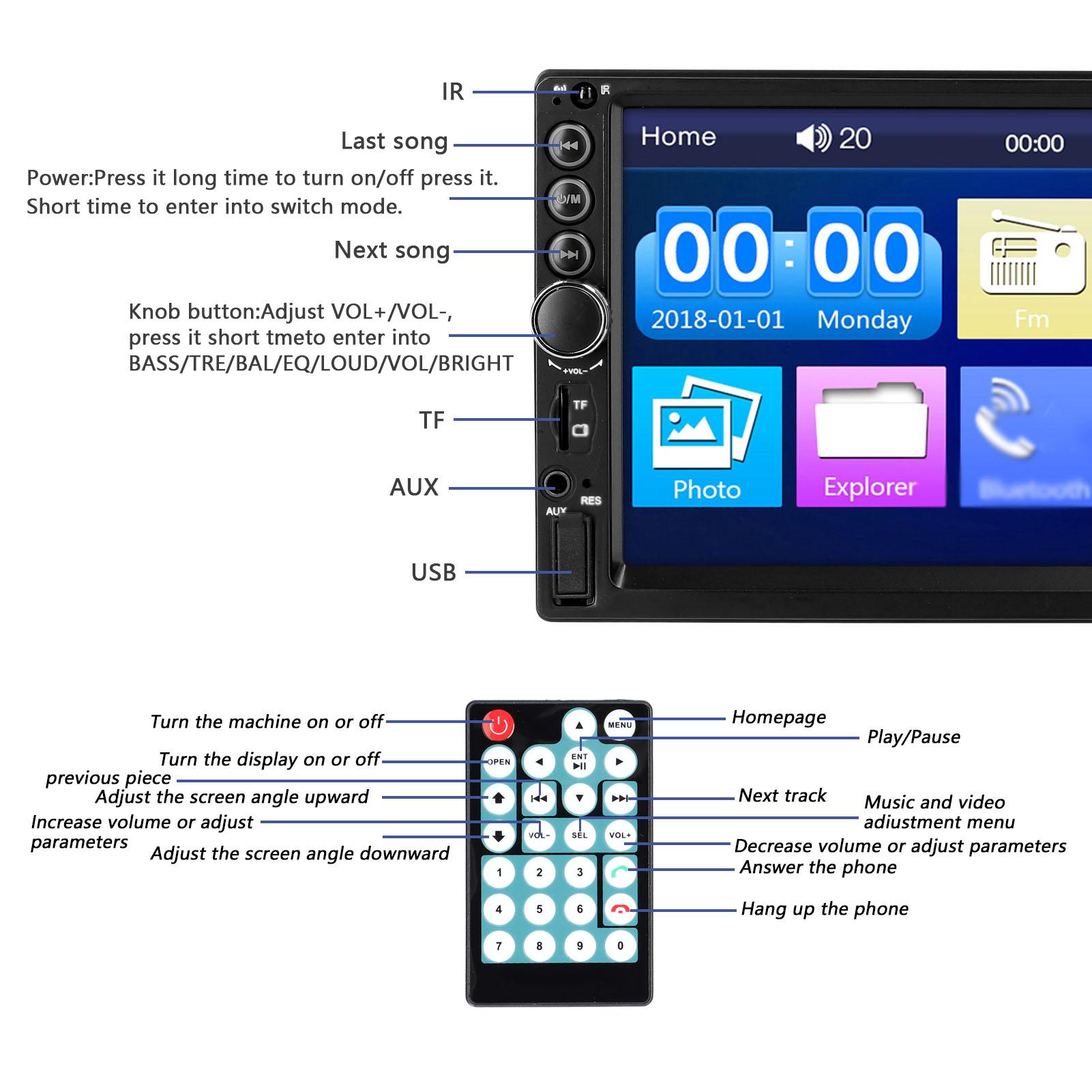 7 Inch Car MP5 Player Double Din Stereo FM Radio BT Hands-Free Calling Support TF Card/USB/AUX-IN Link Reverse Picture