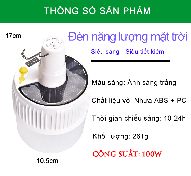 Đèn tích điện, sạc bằng năng lương mặt trời hoặc điện lưới gia đình, có điều khiển (bóng to, kích thước 17.3 x 10.5, pin 18650, công suất 100w)