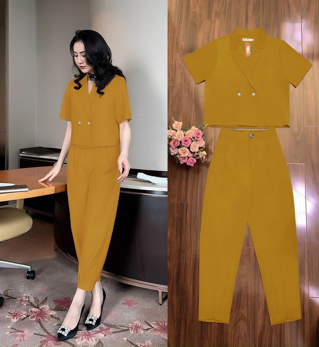 Sét nguyên bộ quần baggy xếp ly lưng thun áo vest croptop xinh xắn