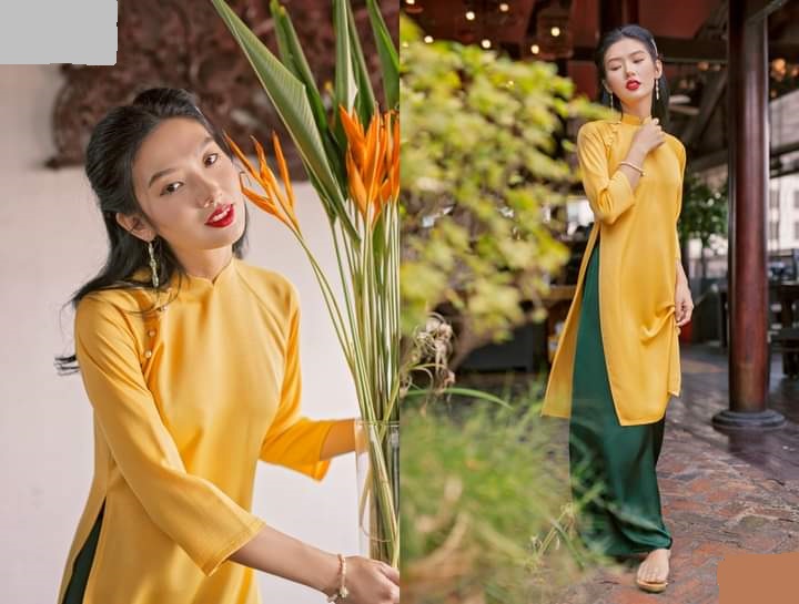 Áo Dài Cách Tân Lụa Tô Châu Cao Cấp - Áo Vàng + Quần Xanh