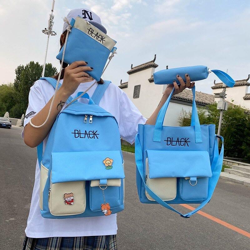 Set Balo 4 Món Black và Hoa BALO THỜI TRANG NAM NỮ TO Ulzzang