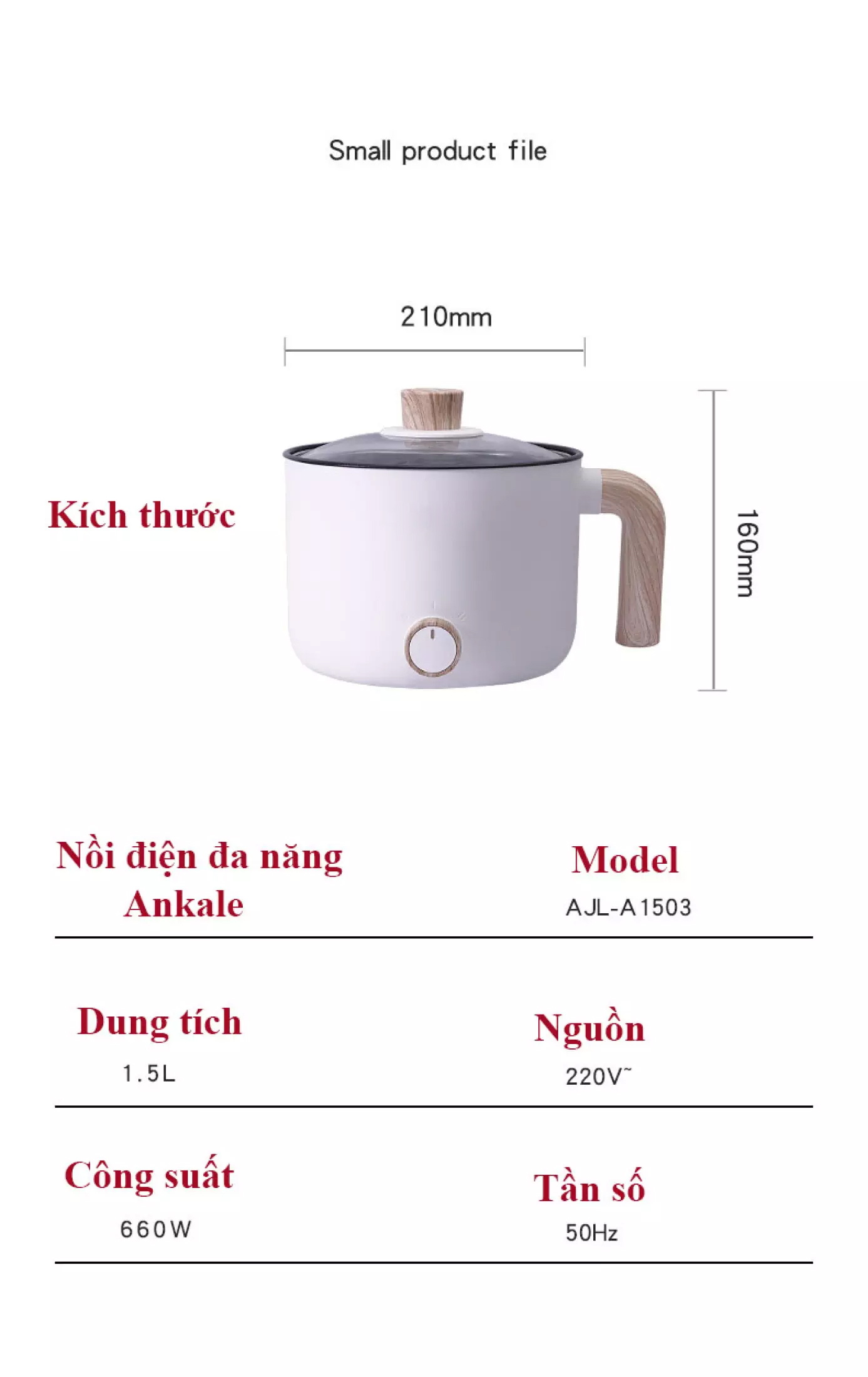 Nồi điện đa năng mini cán gỗ  nấu lẩu, chiên sào AJL-A1503  ( tặng kèm bộ bát , thìa muôi )