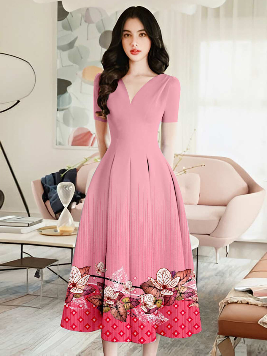 [HCM] Đầm xòe xếp li in chân hoa sang trọng MS076- Khánh Linh Style