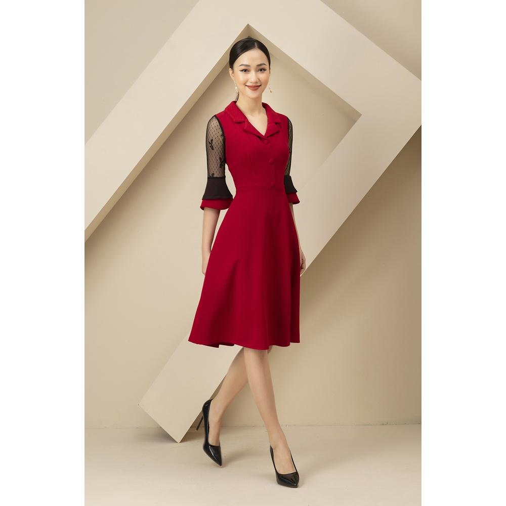 Đầm Nữ Công Sở LUPERI LFV398 Dáng Xòe Cổ Ve Phối Ren Cao Cấp