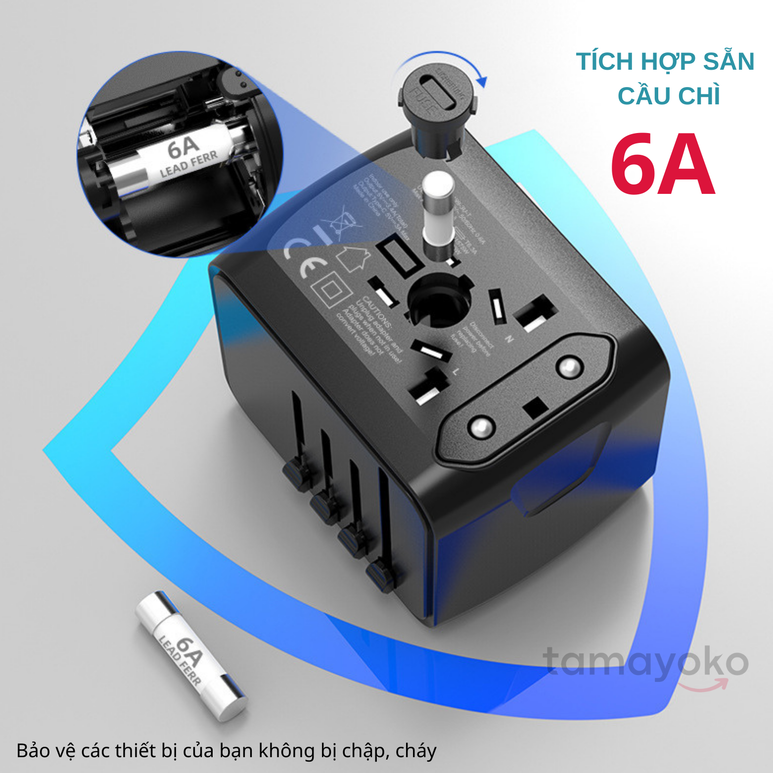 Ổ Cắm Điện Du Lịch Quốc Tế Đa Năng Tích Hợp 3 Cổng USB-A 1 Cổng USB C. Chất Liệu Nhựa PC Chống Cháy Phù Hợp Với Hơn 150 Nước. Hàng Chính Hãng Tamayoko