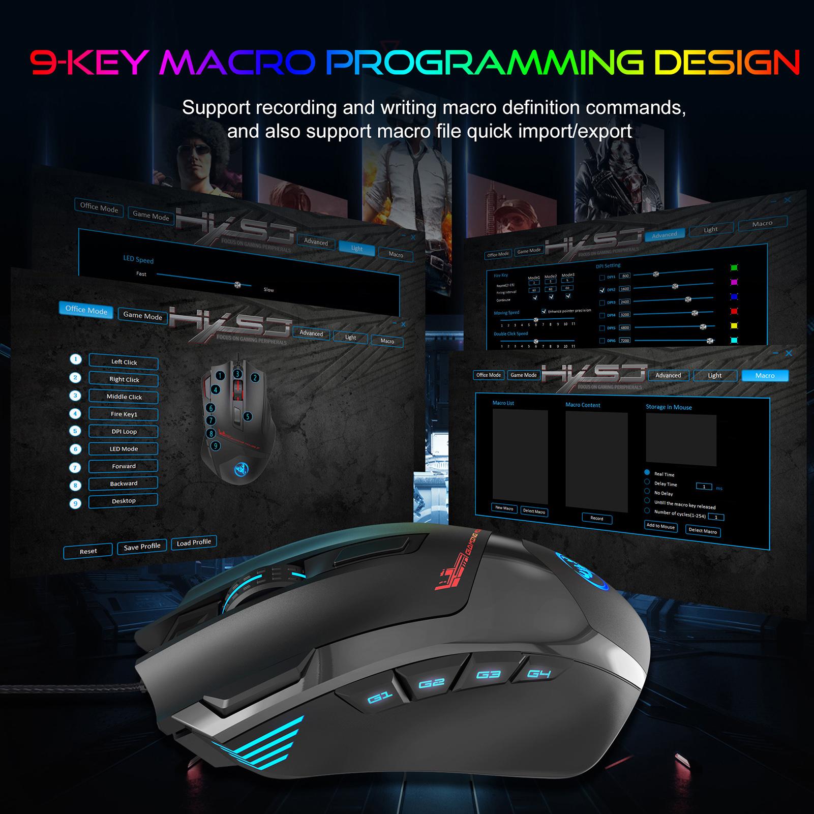 HXSJ S600 Wired Macro Programming Gaming Mouse 9 Keys Ergonomic Mice with 6 Adjustable DPI RGB Light Effect