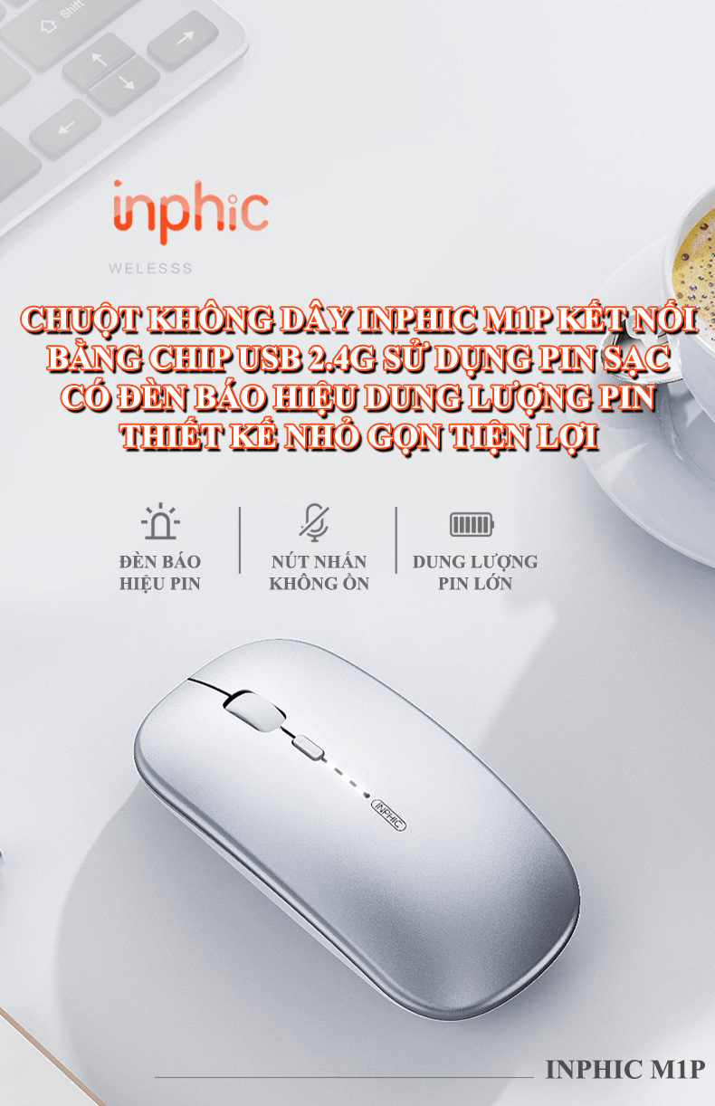 Chuột không dây INPHIC M1P kết nối bằng chip USB 2.4G sử dụng pin sạc tiện lợi có đèn led báo hiệu dung lượng pin - JL