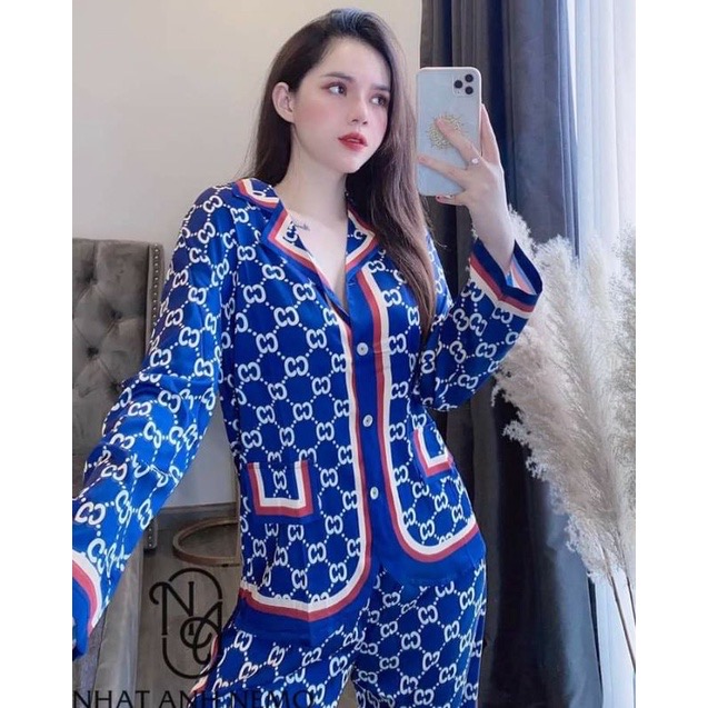 Bộ pijama lụa latin tay dài Cao Cấp - Bộ đồ ngủ GC Xanh thoáng mát, sang chảnh