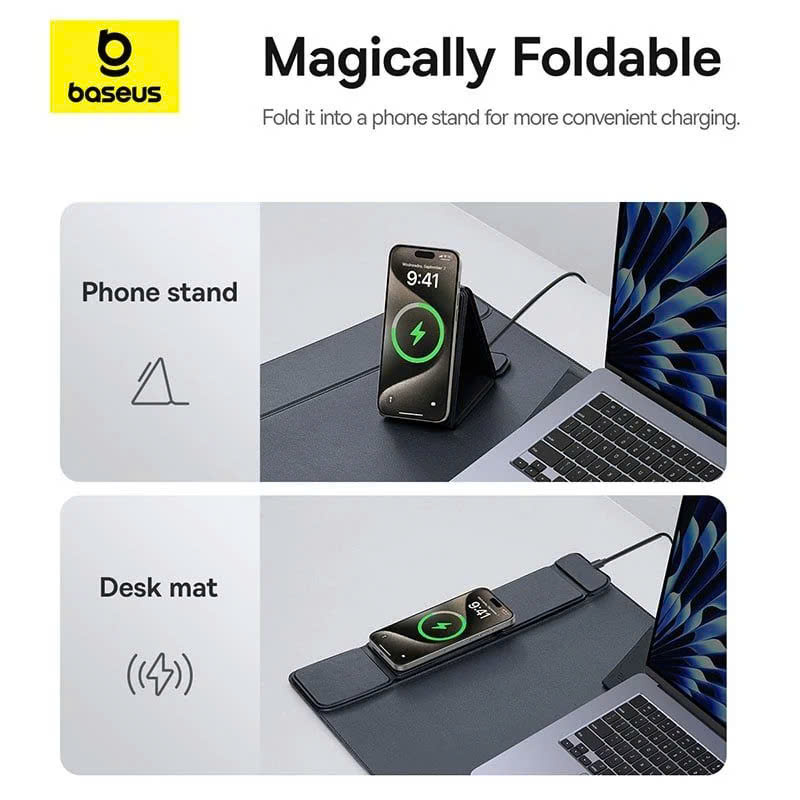Tấm Lót Chuột Bàn Phím Kèm Sạc Không Dây 3-in-1 Baseus MagPro 2 Series Smart Desk Mat (PU, Sạc không dây, Kê Tay) [ hàng chính hãng ]