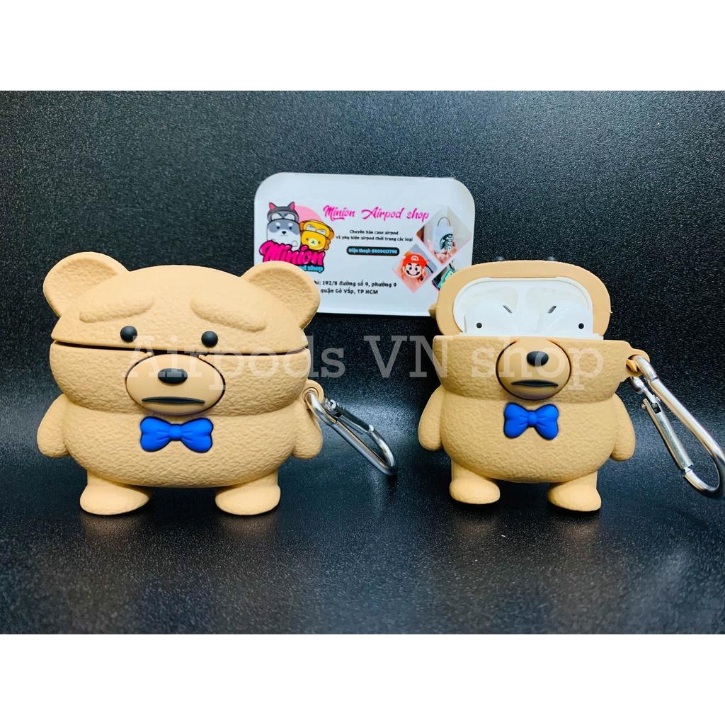 Bao Case Ốp dành cho Airpods 1/2, Airpods Pro gấu kute cột nơ xanh silicon cao cấp