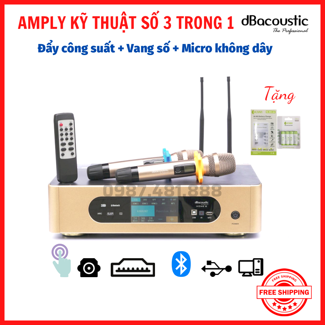DBacoustic Home 8 - Amply kỹ thuật số 3 trong 1 cao cấp - Công suất 2x500w, màn hình cảm ứng dễ chỉnh, mic hát nhẹ - Hàng chính hãng