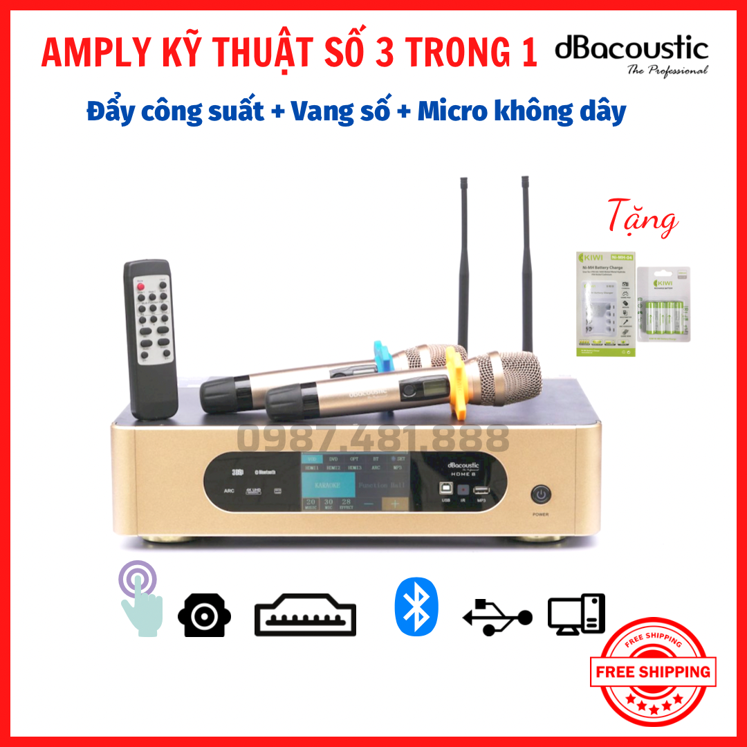 dBacoustic Home 8 - Amply kỹ thuật số 3 trong 1 cao cấp - Công suất 2x500w, màn hình cảm ứng dễ chỉnh, mic hát nhẹ - Hàng chính hãng