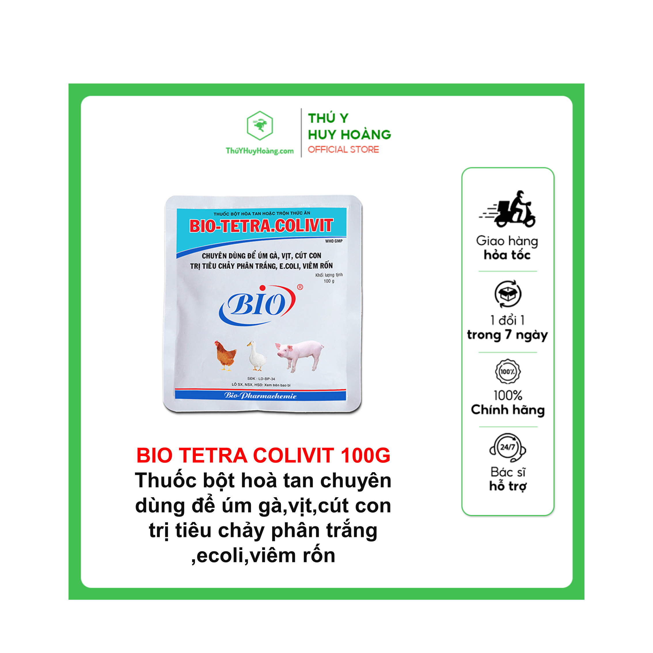 Thuốc bột hoà tan hoặc trộn thức ăn BIO-TETRA.COLIVIT chuyên dùng úm gà, vịt, cút con, tiêu chảy phân trắng, ecoli, viêm rốn