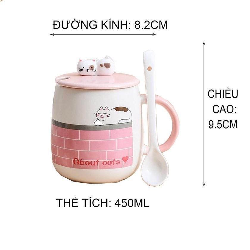 Bộ cốc sứ, Cốc đánh răng, Quà lưu niệm, cute kèm nắp hình mèo và muỗng dễ thương 450ml