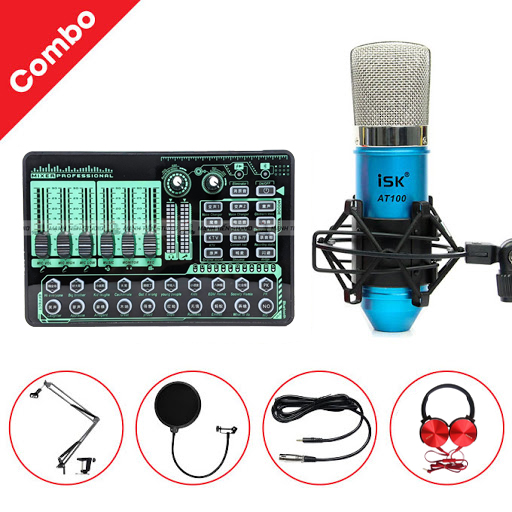 Combo thu âm livestream Soundcard H9, Micro ISK AT100 - Kèm full phụ kiện kẹp micro bàn, màng lọc micro, tai nghe chụp tai - Hỗ trợ thu âm, livestream, karaoke online chuyên nghiệp - Giao màu ngẫu nhiên - Hàng nhập khẩu