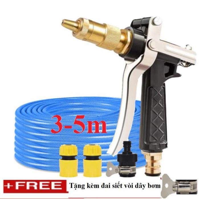 Bộ dây vòi xịt nước rửa xe, tưới cây .tăng áp 3 lần,loại 3m,5m 206236 đầu đồng,cút,nối nhựa đen+ tặng đai