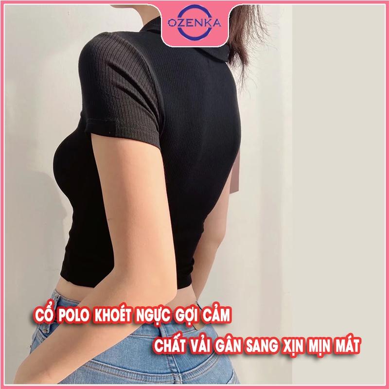 Áo croptop polo cổ bẻ tay ngắn ôm nữ, áo crt kiểu hàn quốc khoét ngực đính nút gợi cảm 100% cotton đen trắng