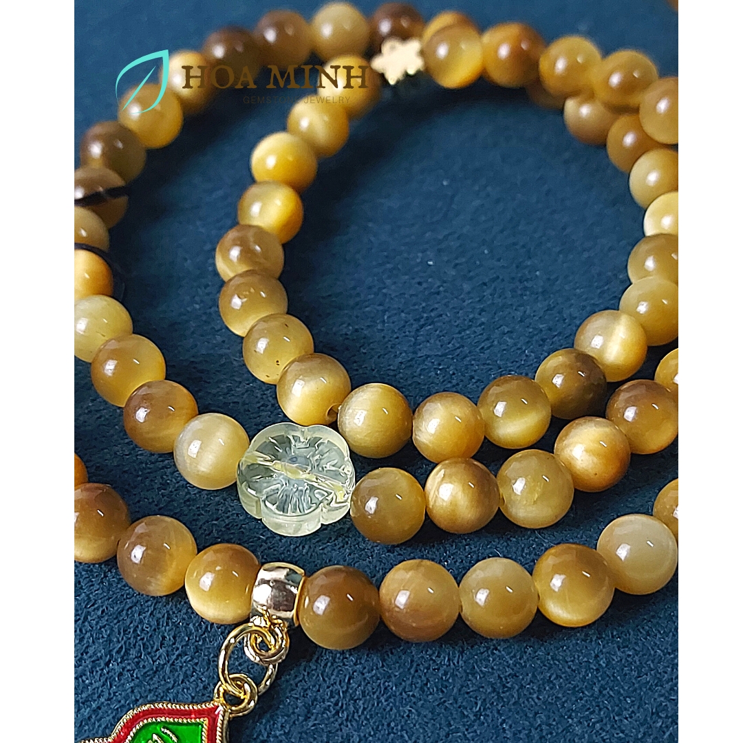 Vòng tay chuỗi Mắt Hổ Vàng Tâm 108 hạt size 6 li An Lạc, phối charm ngôi sao, hoa mai và hồ lô chữ Phúc | Hoa Minh Gem