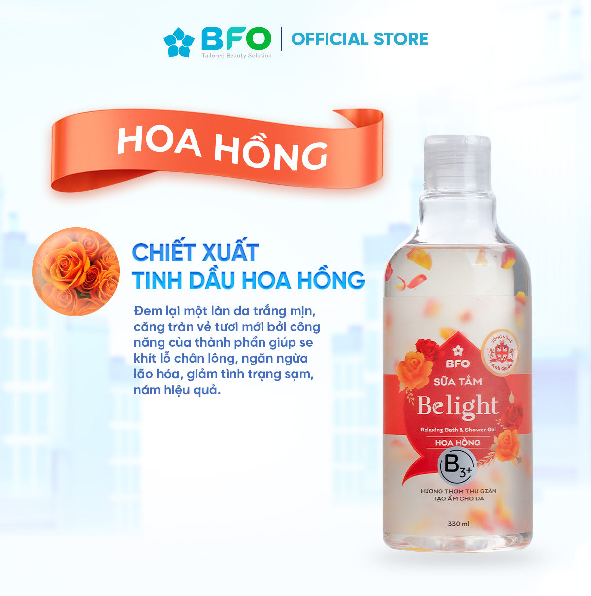 Sữa Tắm Cánh Hoa Công Nghệ Anh Quốc Belight Dưỡng Ẩm Sáng Da Tinh Dầu Hoa Oải Hương/ Hoa Anh Đào/ Hoa Hồng330ml