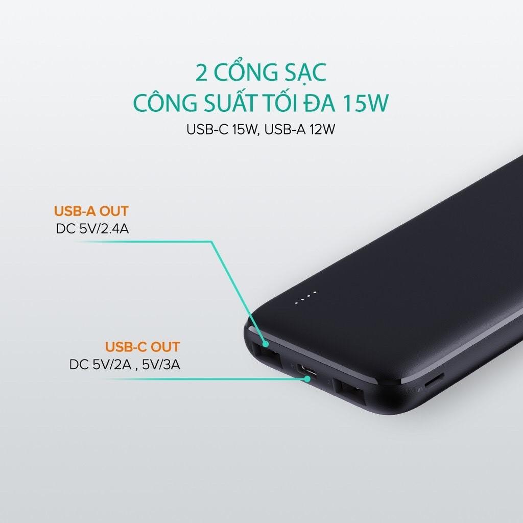 Sạc Dự Phòng Siêu Mỏng 10.000 mAh Aukey PB-N73 1 Cổng Sạc Nhanh Type C 15W, 2 Cổng USB-A - Hàng Chính Hãng