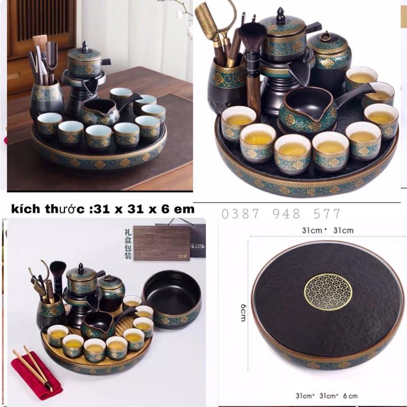 Combo - Khay + Bộ ấm chén pha trà đẹp cối xay gốm sứ cao cấp,Bộ chén uống trà đạo 18 chi tiết hoa cẩm xanh -MK2
