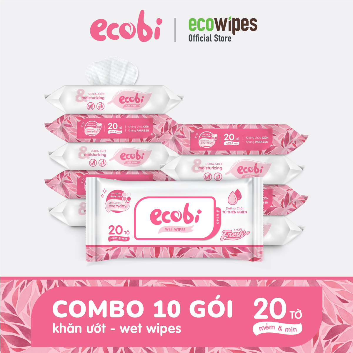 Combo 10 gói khăn ướt cho bé Ecobi gói 20 tờ Ecobi Hương dịu nhẹ không cồn không paraben an toàn cho làn da nhạy cảm của bé