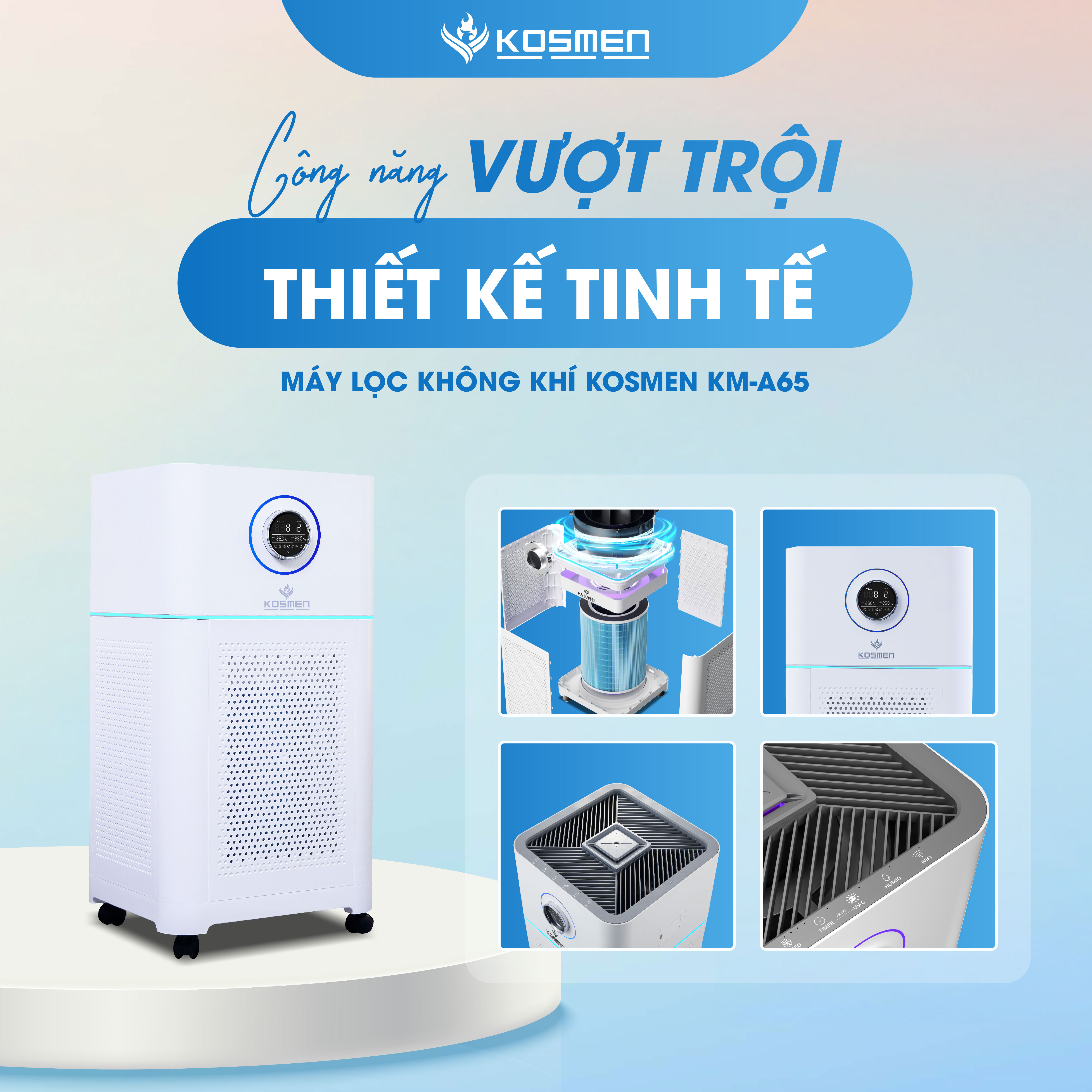Máy Lọc Không Khí Kosmen KM - A65 Lọc Bằng Ion âm, Diệt Khuẩn Bằng Đèn UV, Khóa Trẻ Em - Hàng Chính Hãng BH 24 Tháng