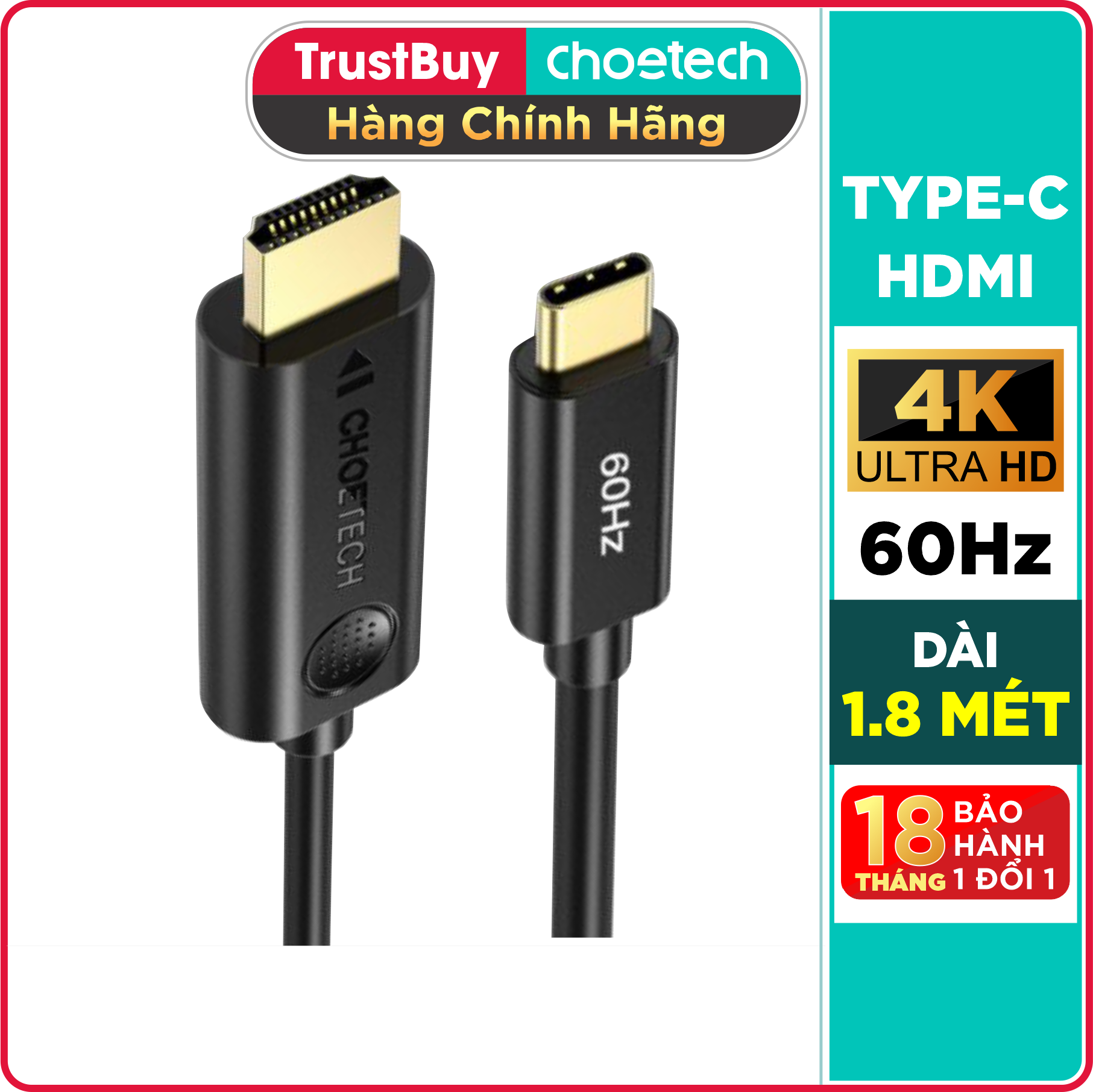 Dây Cáp Chuyển Đổi USB Type C To HDMI 4K 60Hz Dài 1.8M CHOETECH CH0019 - Hàng Chính Hãng
