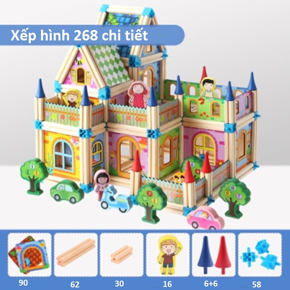 Bộ lắp ghép mô hình nhà gỗ 3D đồ chơi thông minh cho bé 268 chi tiết