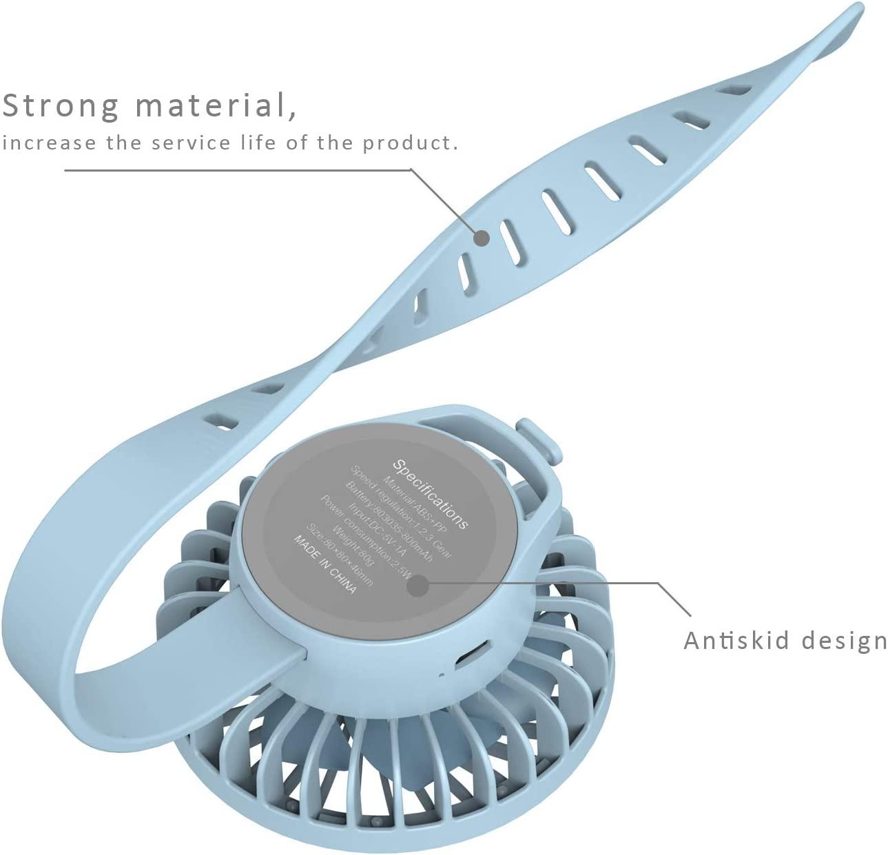 Quạt cổ tay mini cá nhân, Quạt bỏ túi 3 tốc độ với dây đeo cổ tay có thể điều chỉnh, sạc USB có thể tháo rời