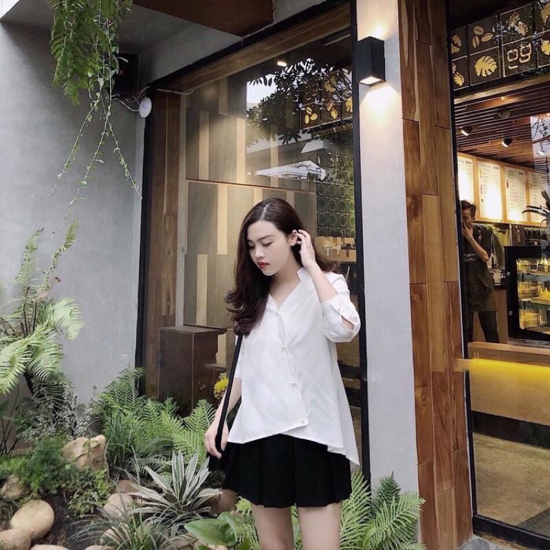 Áo sơ mi trắng cổ trụ lệch tà freesize