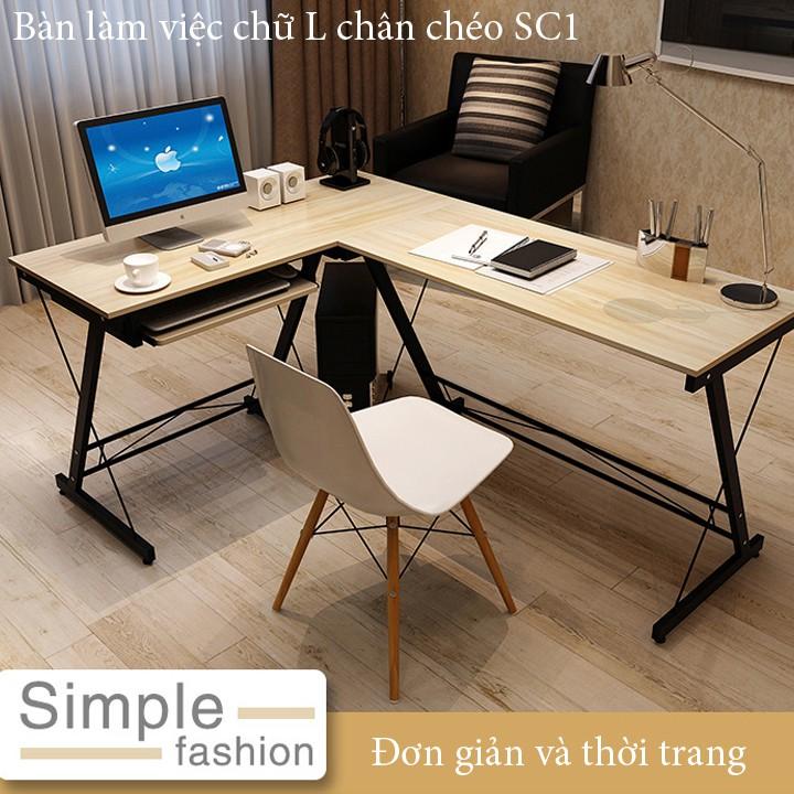 Bàn làm việc chữ L chân chéo gỗ cao cấp, bàn góc chữ L phong cách hiện đại kích thước 120x100x48