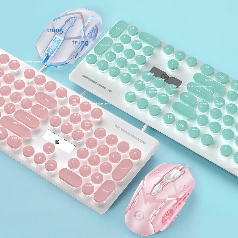 Phong cách mới nhất V8 cơ tay cảm giác bàn phím chuột tai nghe tắt tiếng có dây cô gái văn phòng dễ thương gõ phím trò chơi thể thao điện tử