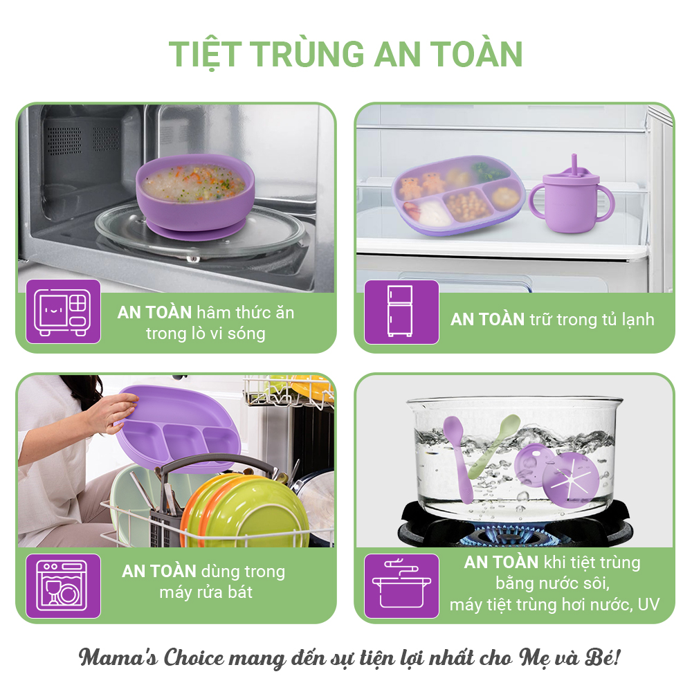 Bộ Ăn Dặm Cho Bé Thương Hiệu Mama's Choice, Combo Ăn Dặm Bát-Khay-Yếm-Thìa-Cốc Silicone Cao Cấp