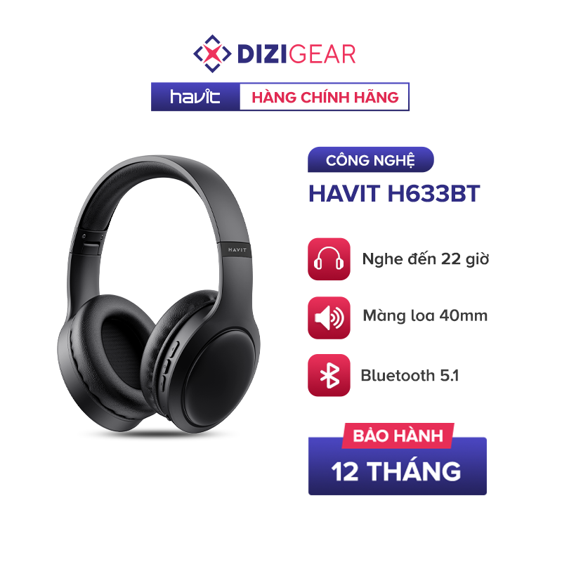 Tai Nghe Headphone Bluetooth HAVIT H633BT, Kiểu Dáng Công Thái Học, Nhỏ Gọn, Nghe Đến 22H - Hàng Chính Hãng