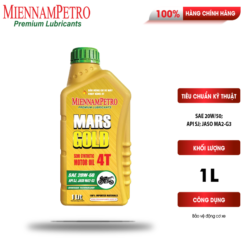 Dầu Nhớt MiennamPetro Mars Gold Motor Oil 4T 20W-50 API SJ JASO MA2 1L Bảo Vệ Động Cơ Xe Máy 4 Thì Cao Cấp