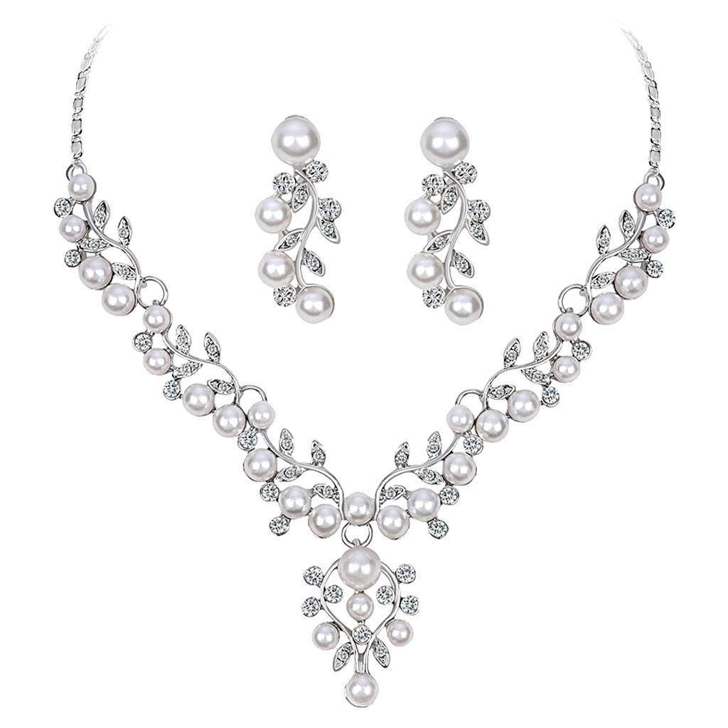Crystal Rhinestone Pearl Flower Leaf Necklace Earrings Set Wedding Jewelry