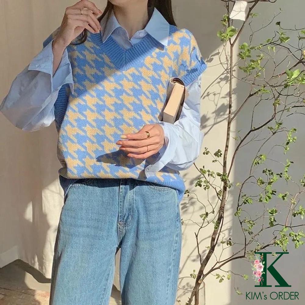 Áo len gile nam nữ Unisex họa tiết kẻ ziczac màu xanh đen phom rộng dáng suông phong cách Ulzzang Hàn Quốc Loại 1 đẹp