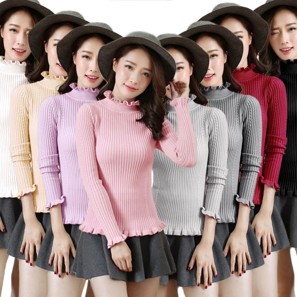 Women Ribbed Knitted Pullover Sweaters Turtle Neck Ruffles Solid Slim Stretchy Jumpers Knitting Top