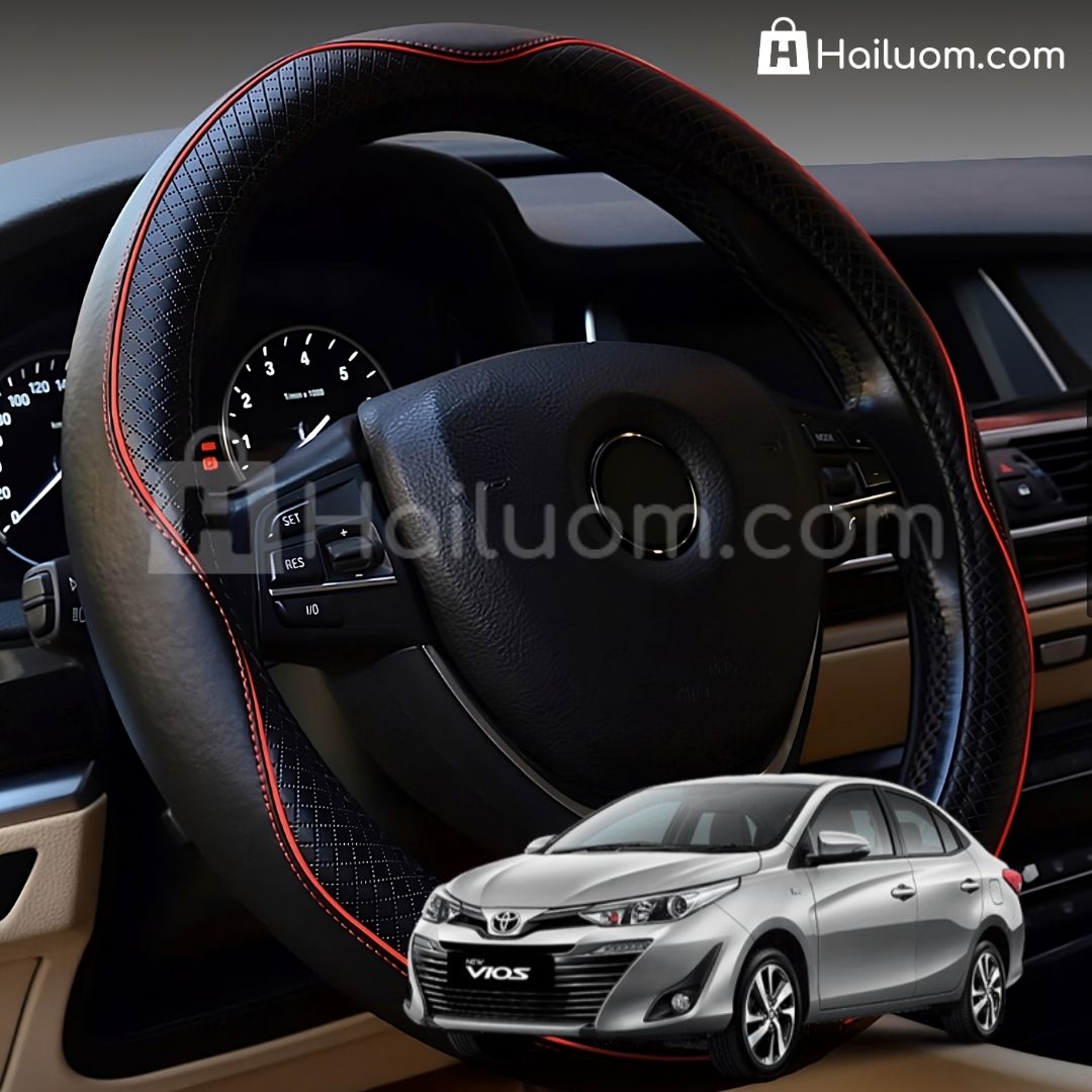 Bọc Vô Lăng ô tô cho TOYOTA VIOS Da Thật Cao Cấp - Màu Đen Chỉ Đỏ
