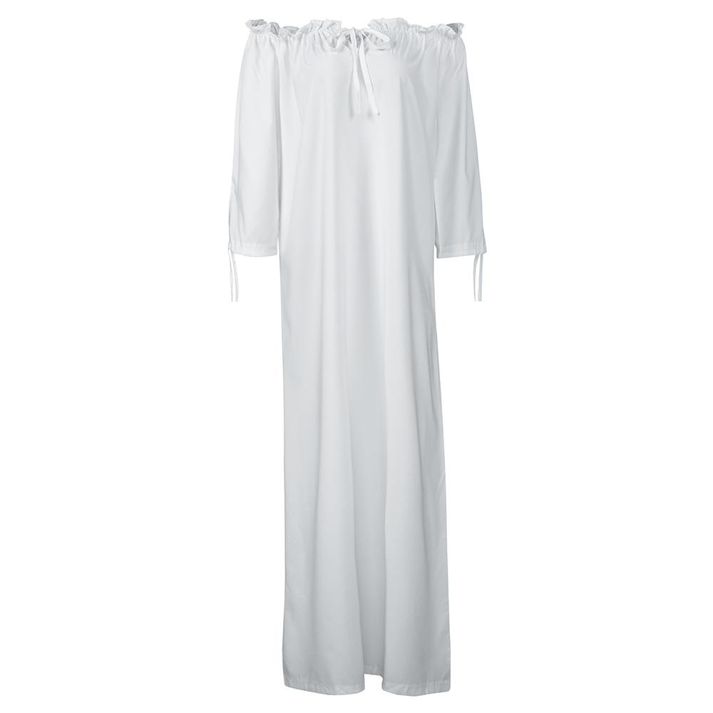 Fashion Women Solid Color Dress Off Shoulder Long Sleeve Ruched Bandage Plus Size Loose Maxi Dress