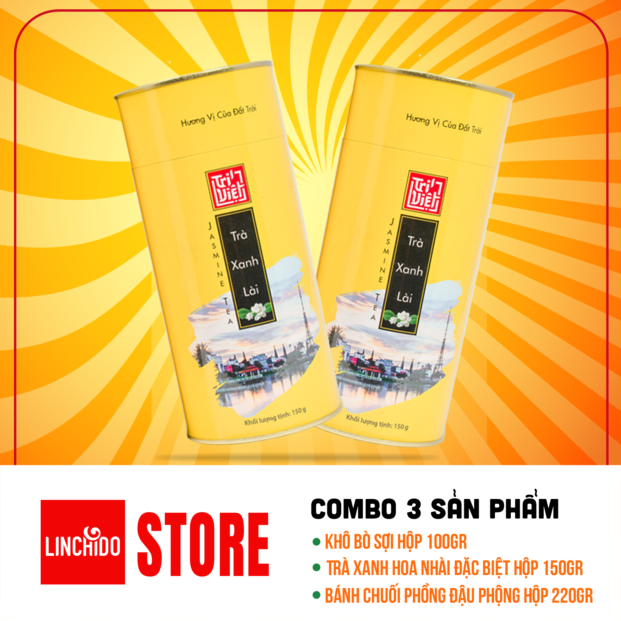 COMBO 3 MÓN ( Khô bò sợi hộp 100GR + Trà xanh hoa nhài đặc biệt hộp 150Gr + Bánh chuối phồng đậu phộng hộp 220GR )