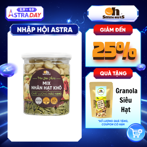 Mix Nhân Các Loại Hạt Dinh dưỡng Smilenuts hộp 255g/500g _ Gồm Nhân Óc Chó Đỏ Mỹ, Nhân Óc Chó vàng Chile, Hạnh Nhân tách vỏ Mỹ, Nhân hạt Macca Úc, Nhân hạt điều Bình Phước, Nhân Hạt Bí Xanh_ Thực phẩm dinh dưỡng