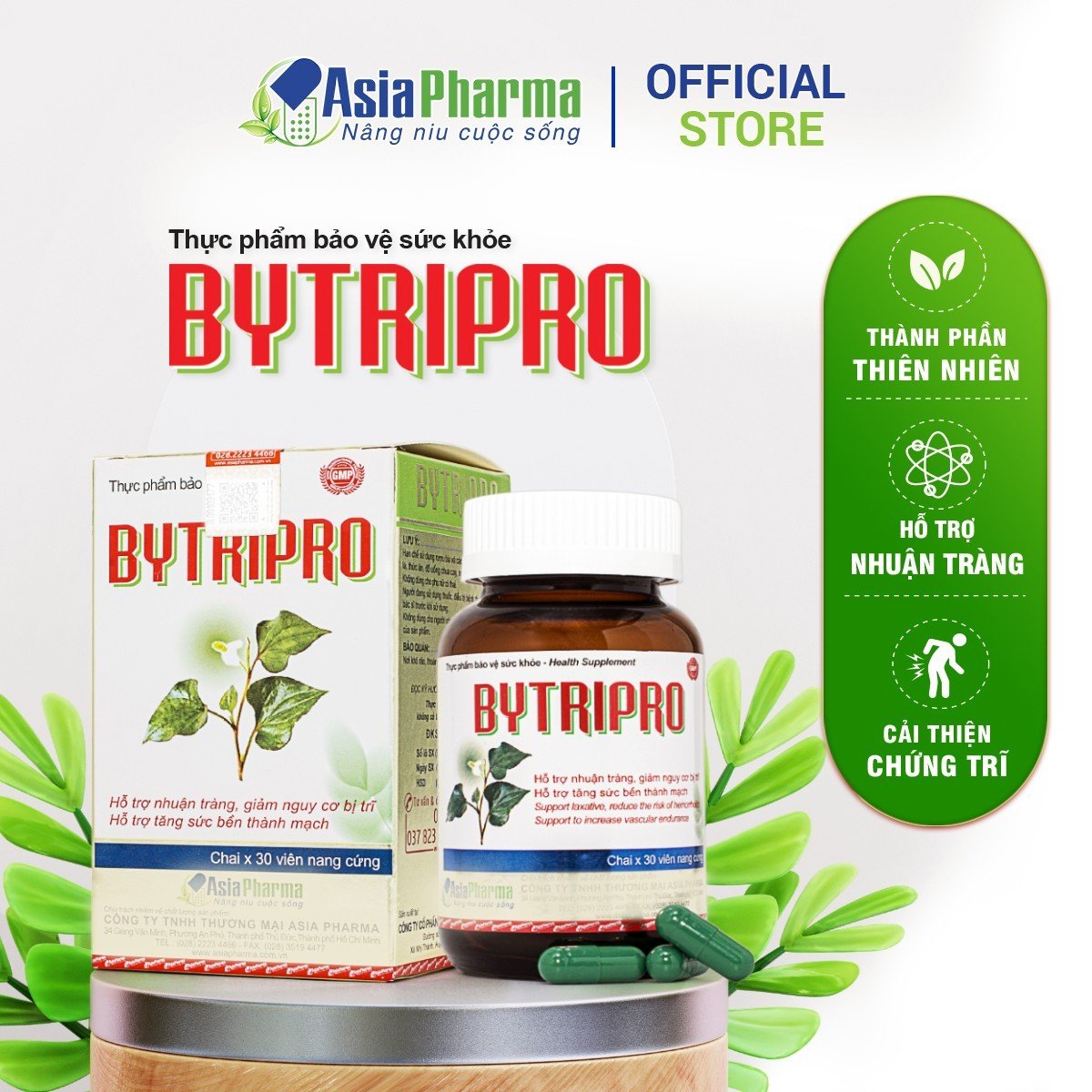 Viên uống tiêu trĩ, giảm táo bón nhuận tràng Bytripro Asia Pharma hỗ trợ cho người bị trĩ - Hộp 30 viên