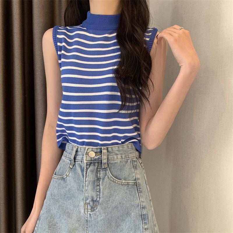 Áo len cổ 3 phân sát nách ngắn tay mỏng 3p nữ ba lỗ cổ cao đẹp croptop dệt kim họa tiết Kẻ Sọc kiểu Hàn Quốc ôm body H12