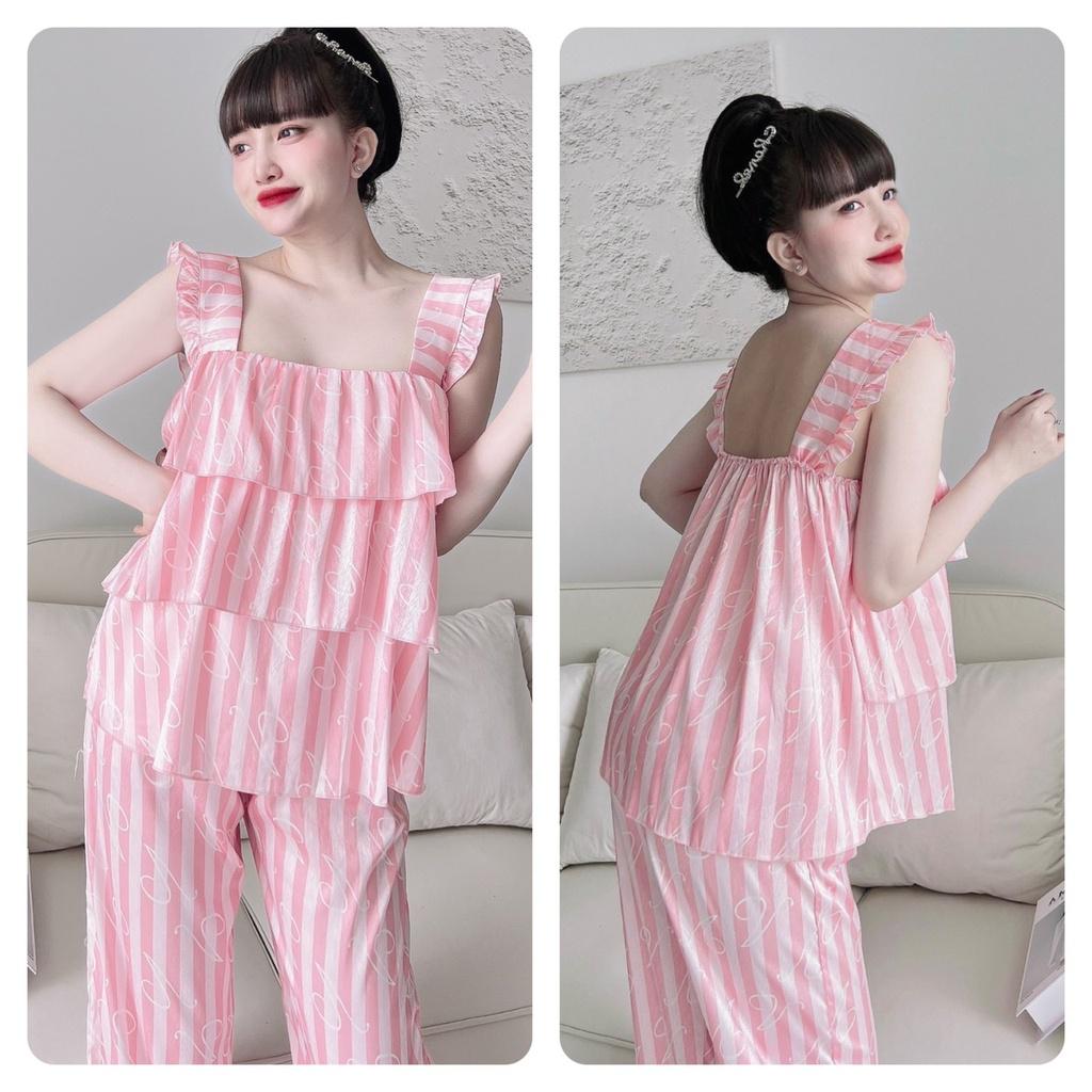 Đồ Bộ Bigisze Nữ, Đồ Ngủ, Đồ Mặc Nhà 2 Dây Nữ lụa xước ánh kim tầng, có túi quần, freesize 45-70kg, tuỳ chiều cao