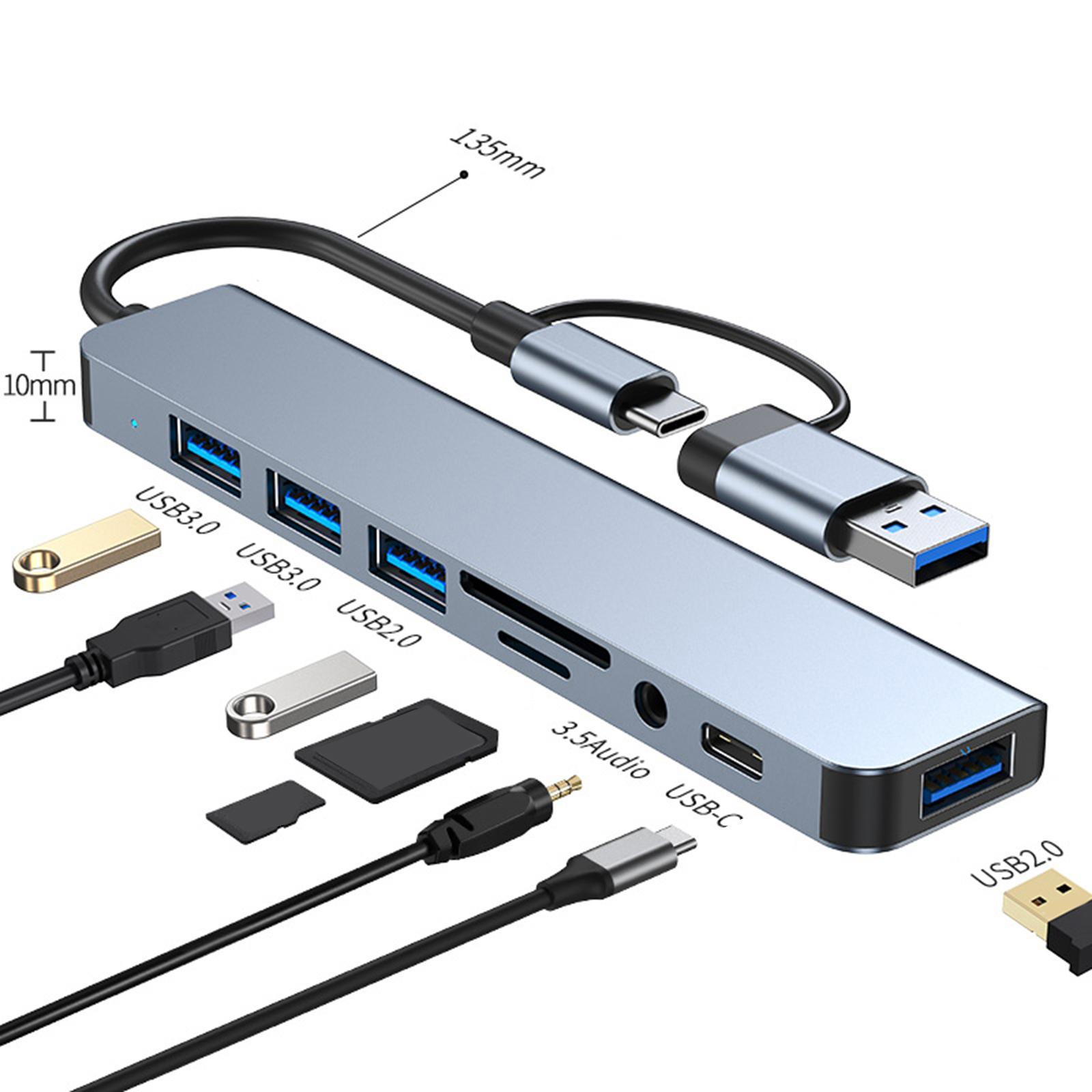 USB Type C Hub Adapter, Laptop Docking Station, USB3.0 USB C Aluminum Alloy 8 in 1 8 Port Hub Multiport Adapter for Type C Notebooks