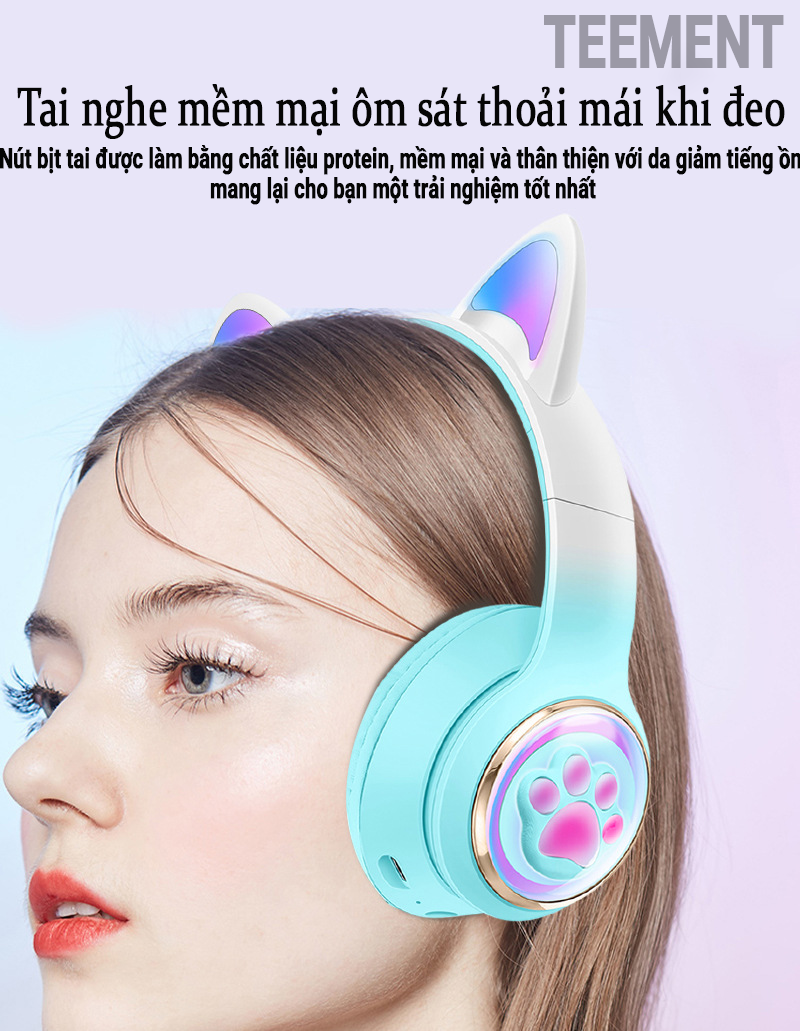 Tai Nghe Bluetooth Tai Mèo Phát Sáng Teement, Tai Nghe Không Dây, Tai Nghe Chụp Tai Bluetooth 5.3, Đèn Led Và Âm Bass Mạnh Mẽ - Hàng Chính Hãng