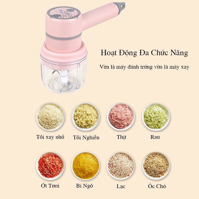 Máy Đánh Trứng Cầm Tay 3 trong 1 đa năng pin sạc  - Máy xay thịt tỏi ớt hạt tiêu đánh sữa cafe mini không dây